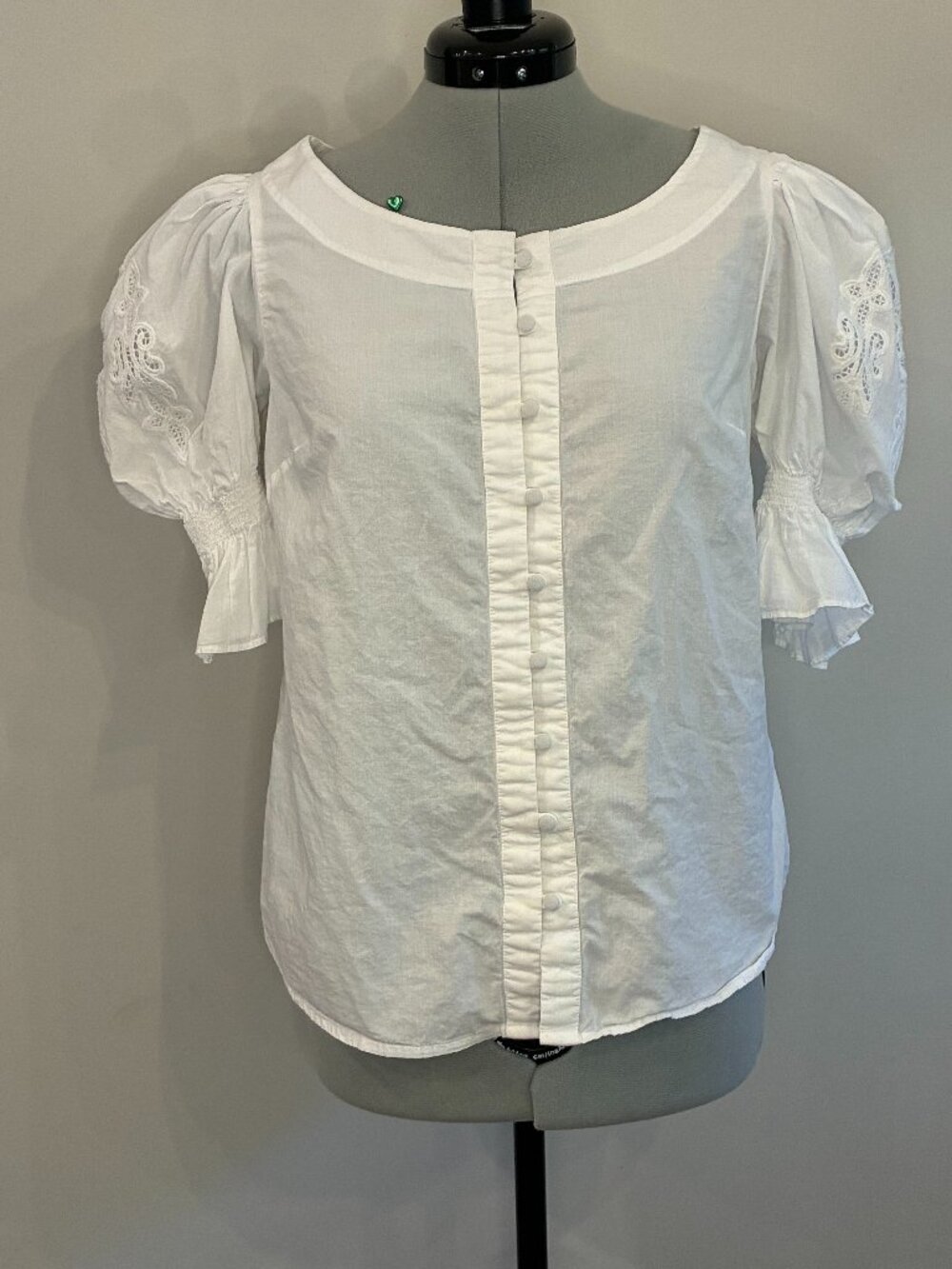 Lauren Ralph Lauren White Embroidered Puff Sleeve Blouse Cotton Button Front